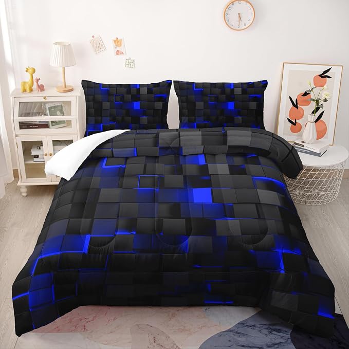 Nttopship Geometric Blue Black Comforter Set,Light Honeycomb 3 Piece Bedding Set King Size for Teen Boys,Modern Quilt Set Geometry Decor,Microfiber Lightweight 1 Comforter 2 Pillowcases All Season