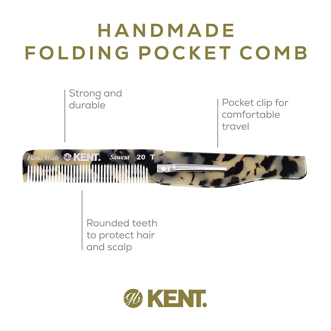 Kent 20T TW Handmade Folding Pocket Comb for Men, Fine Tooth Hair Comb Straightener for Everyday Grooming Styling Hair, Beard or Mustache, Use Dry or with Balms, Saw Cut Hand Polished, Made in England