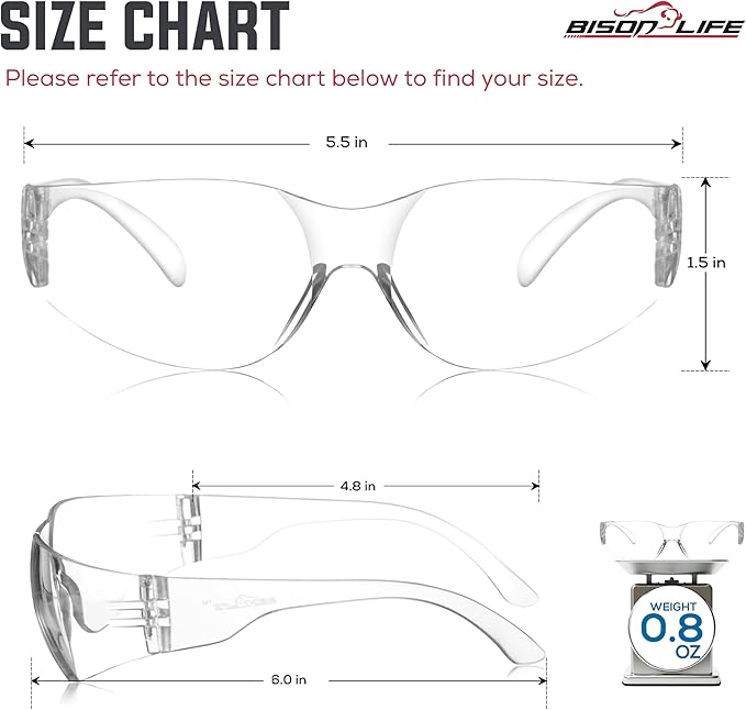 BISON LIFE Clear Safety Glasses – ANSI Z87.1 Scratch & Impact Resistant Wrap Around Eye Protection Goggles for Men & Women