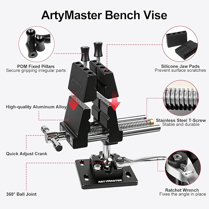 ArtyMaster 360° Rotating Bench Vise with Quick-Release Ratchet Wrench - Versatile Woodworking & Pipe Vise for Home Improvement - 4 Inch Workbench Vise for Carving, Repair & DIY Projects (WT117B)