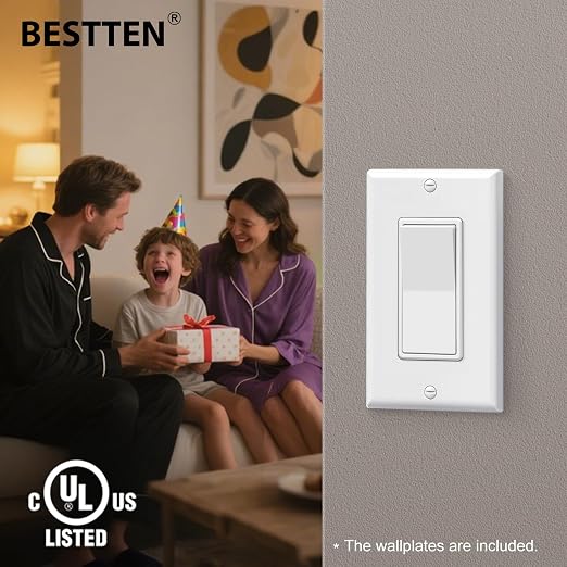 BESTTEN 30 Pack 3-Way Decorator Wall Light Switch with Wallplate, 15A 120V/277V, Single Pole or Three Way, On/Off Rocker Paddle Wall Switch, 3 Wire, Residential and Commercial Grade, UL Listed, White