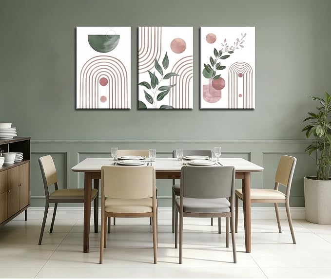 Frimeeme Framed Large Boho Pink and Green Canvas Print Set of 3 ，Abstract Leaves Geometry, Ready to Hang, 16x24 Inches
