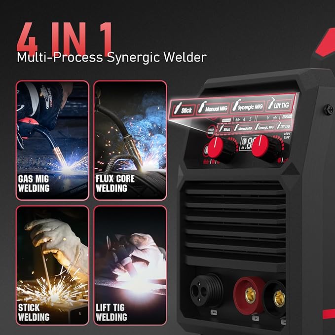 YESWELDER 140A MIG Welder, 110V/220V Dual Voltage, 4 in 1 Gas MIG/Flux Core MIG/Lift TIG/Stick Multiprocess Large LED Digital Display MIG Welding Machine