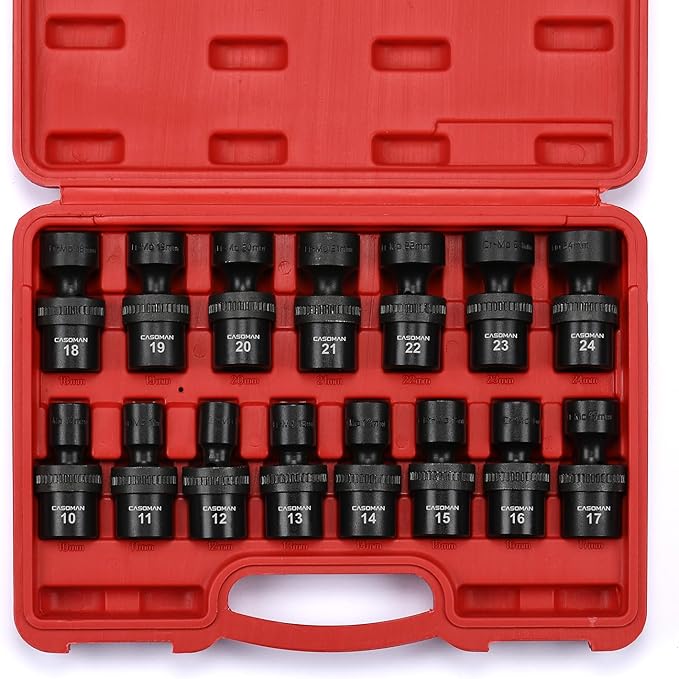 CASOMAN 15 PCS 1/2" Drive Standard Universal Impact Socket Set, 6 Point, Metric,10-24mm