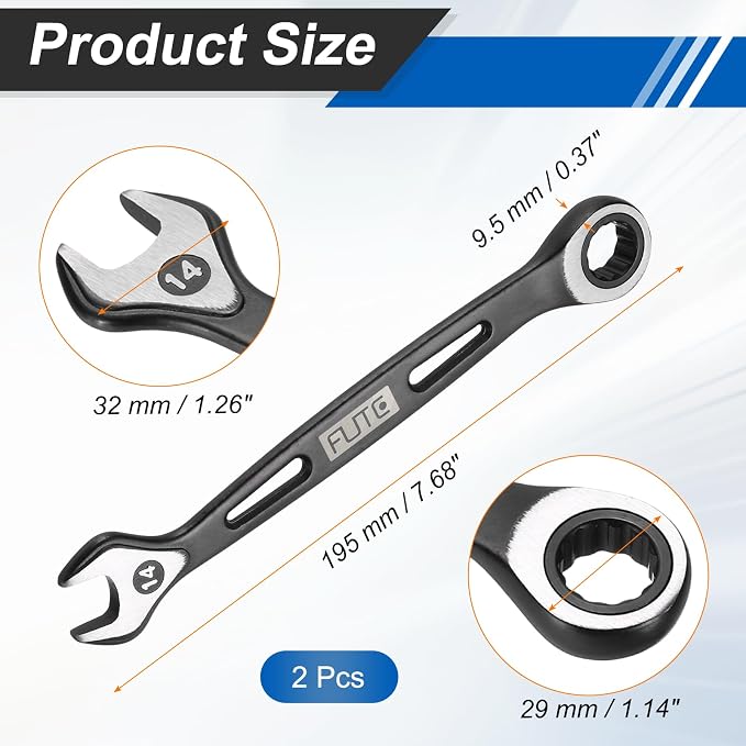 HARFINGTON 2Pcs Ratcheting Combination Wrench 14mm Stubby Wrench Metric High Carbon Steel Double 12-Point Box Open-Ended Ratchet Spanner Tool for Household Garage Workshop Auto Repairs, Black