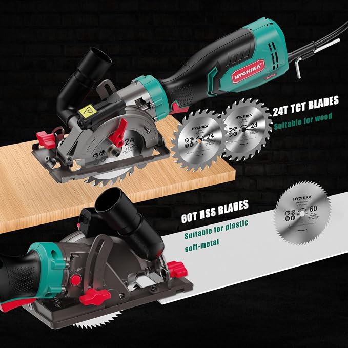 HYCHIKA 6.2A Mini Circular Saw with 3 Blades (4-1/2”), Compact Hand Saw Max 1-7/8" Cutting Depth, 3500RPM, Rubber Handle & 10ft Cord for Wood, Metal, Plastic, Tile
