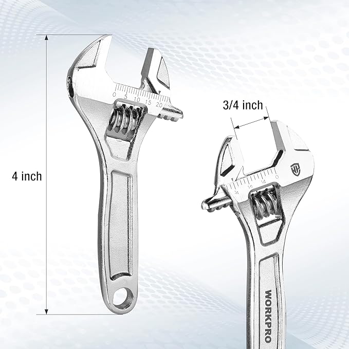 WORKPRO Adjustable Wrench, 4-inch Heavy Duty Spanner with Inch/Metric Scale, Premium Cr-V Steel, Chrome Plated
