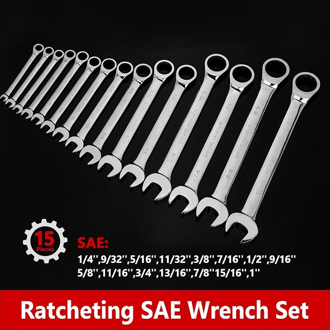 Egofine 15-piece SAE Ratcheting Wrench Set, SAE 1/4" to 1" Chrome Vanadium Steel, 12-Point, 72-Teeth Open End and Box End Combination Tool with a Roll Up Storage Bag