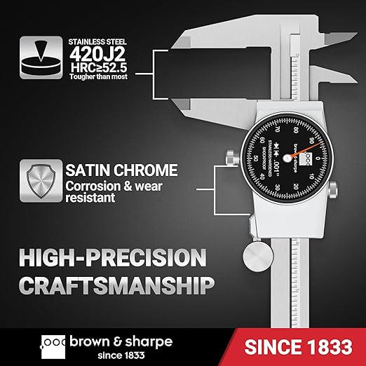 TESA Brown & Sharpe 599-579-8-5-1 Stainless Steel Dial Caliper, Black Face, 0"-8" Range, +/-0.001" Accuracy, 0.001" Resolution, Meets DIN 862 Specifications