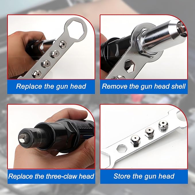Bittwee Car Pop Rivet Gun Adapter Kit, Cordless Electric Power Riveting Drill Attachment with 4 Rivet Head, Automotive Cordless Riveting Drill Insert Nut Adaptor Tool, Universal for Vehicles