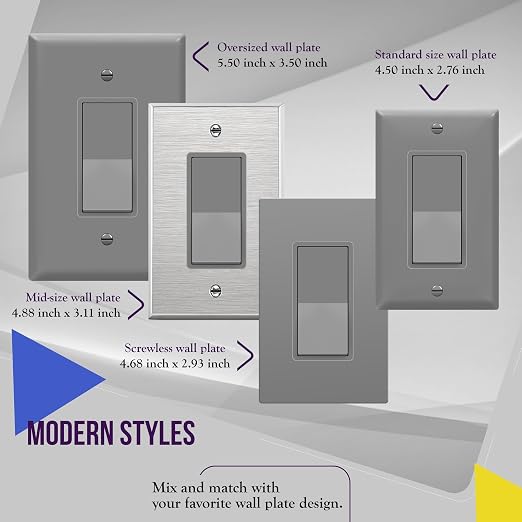 ENERLITES Decorator Switch with Wall Plate, Paddle Light Switch, 3-Way or Single Pole, 3 Wire, Grounding Screw, Residential Grade, 15A 120V, UL listed, 93150-GYWP, Gray with Wall Plate