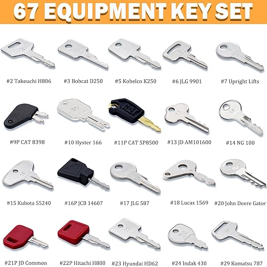 67 Heavy Equipment Master Keys Constrtution Machinery Operator Key for CAT John Deere CaterpillarToyota Volvo JCB Massey Ferguson JLG Genie Vermeer Terex Skyjack Hyster, Forklifts and Excavator