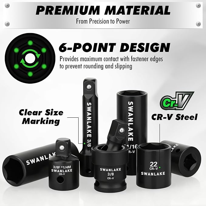 105-Piece 3/8" Drive Impact Socket Set, SAE (5/16 to 3/4 inch) and Metric (8-22mm) 6 Point CR-V Steel Socket Wrench Set, Extension Bars, Universal Joint, Ratchet Handle, Screwdriver Bit Mechanic Tool