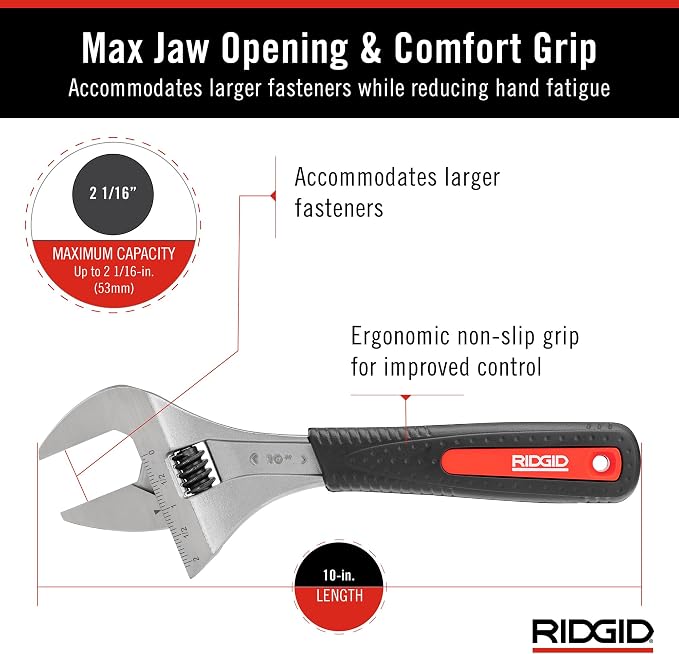 RIDGID 81738 10” Super Wide Capacity, Adjustable Wrench