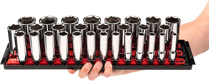 TEKTON 1/2 Inch Drive 6-Point Socket Set, 29-Piece | SHD92125 | (10 - 38 mm), Deep, Socket Rail