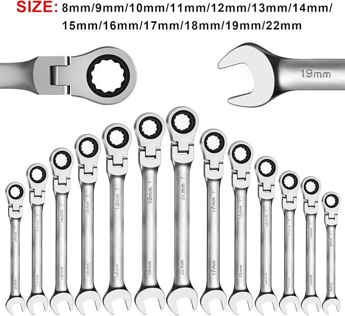 WISEUP Ratchet Wrench, 14mm Wrench with 180 ° Flex Head Ratchet | 2 in 1 Industrial Quality Mechanic Tools, Anti-slip Anti-bending Hand Tools