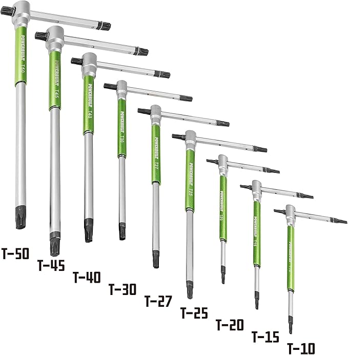 Powerbuilt 9 Pc Torx Star T-Handle Hex Allen Key Wrench Set w/ Speed Sleeves for Fast Spinning Action, Sliding Top Handle for “T” or “L” Shape, Long Shafts, Storage Rack, Auto, Bicycle, Moto - 941646