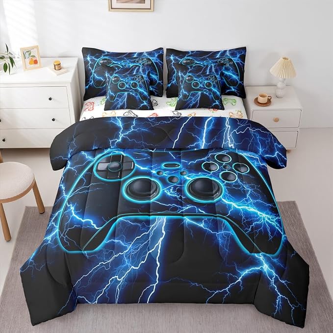 Erosebridal Gaming 7-Piece Comforter Set Full Bed in a Bag, Gamer Bedding Sets Video Game Consoles Comforter and Sheet Set, Blue Lightning Room Decor,Gamer Room Decor for Boys