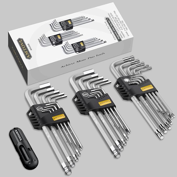 AMTOVL 27-Piece Magnetic Allen Wrench Set, S2 Steel SAE Metric & Torx | Hex Key Set Extra-Long Ball End Allen Keys with T-Handle, Color-Coded L-Key Set for Bike, Auto & DIY Repair