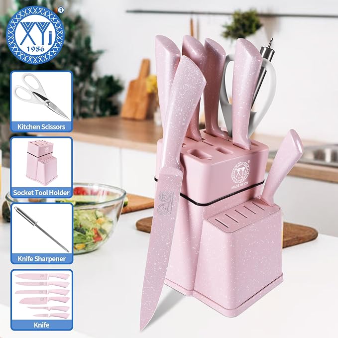 XYJ Knife Block Set, Pink Color, Stainless Steel Kitchen Knives With Knife Block Holder, Meat Cleaver, Professional Cooking Slicing Knife Kit for Master Chef, Kitchen Cutlery