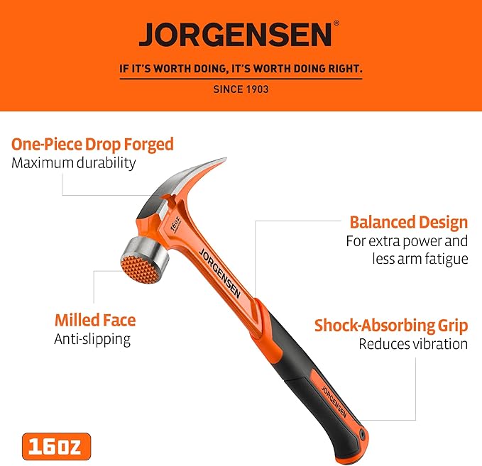 Jorgensen 16 oz Straight Claw Hammer, Rip Claw Hammer with Milled Face & Shock Absorbing Grip, Heavy Duty One-piece Forged Hammer