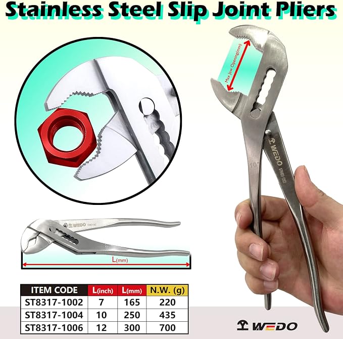 WEDO Slip Joint Pliers,10-inch Tongue and Groove Pliers,Stainless Steel V-Jaw Groove Joint Pliers,Length 250mm(10"),Quick Release Water Pump Pliers,Corrosion Resistant | Tongue and Groove Pliers,Slip Joint Pliers,V-Jaw,Corrosion Resistant,Rust Proof,Fo...