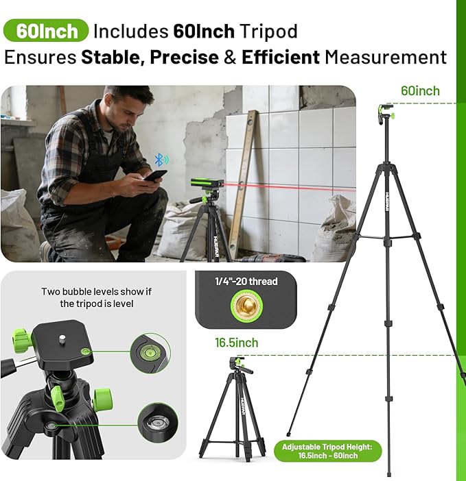 Laser Distance Measure 395 Feet with 60 Inch Tripod, Huepar Laser Distance Meter with Bluetooth & APP, Angle Sensor, 1/16in Accuracy Rechargeable Laser Measuring Tool, M/in/Ft Unit, Pythagorean Mode
