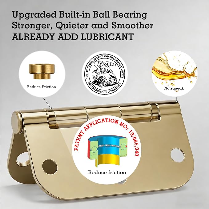 6 Pack No Squeak Polished Brass Door Hinges 3.5 Inch 5/8" Radius Round Ball Bearing Interior 3-1/2"Flat Iron Bifold Residential Standard Bedroom Indoor for Doors 3 ½" Hardware Home Decor Essentials