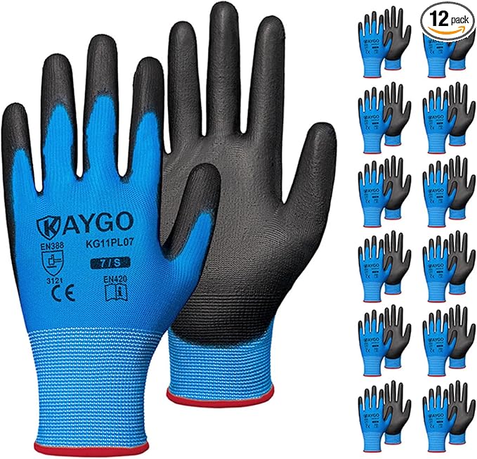 KAYGO Work Gloves for Men and Women,12 Pairs Seamless Knit PU Coated Safety Gloves, with Smooth Grip on Palm and Fingers, Ideal for Light Warehouse, Manufacturing, Gardening, KG11P (S, Blue)