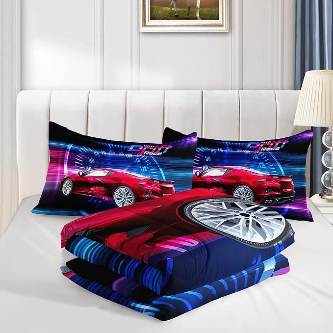 Axolotl Race Car Bedding Set Queen Size,Boys Extreme Sports Comforter for Kids Boys Racing,Red Cool Car Comforter Car Sports Quilt 1 Comforter Set with 2 Pillowcases