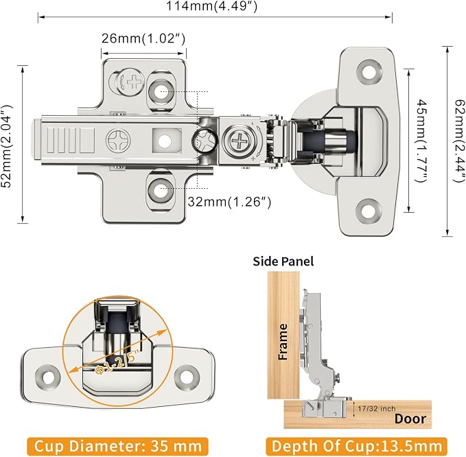 Chibery 20 Pack Frameless Half Overlay Soft Close Concealed European Hinges, Self Closing Satin Nickel, 105 ° Open Angle 4D Adjustment, Speed Control, Clip On, Stainless Steel for Cabinet Door