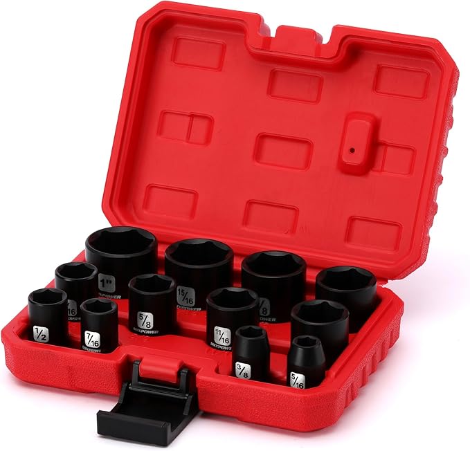 MIXPOWER 12 Pieces 3/8-Inch Drive Shallow Impact Socket Set, 5/16 to 1 inch, CR-V, SAE, 6 Point, Shallow, 12 Pieces 3/8" Dr. Socket