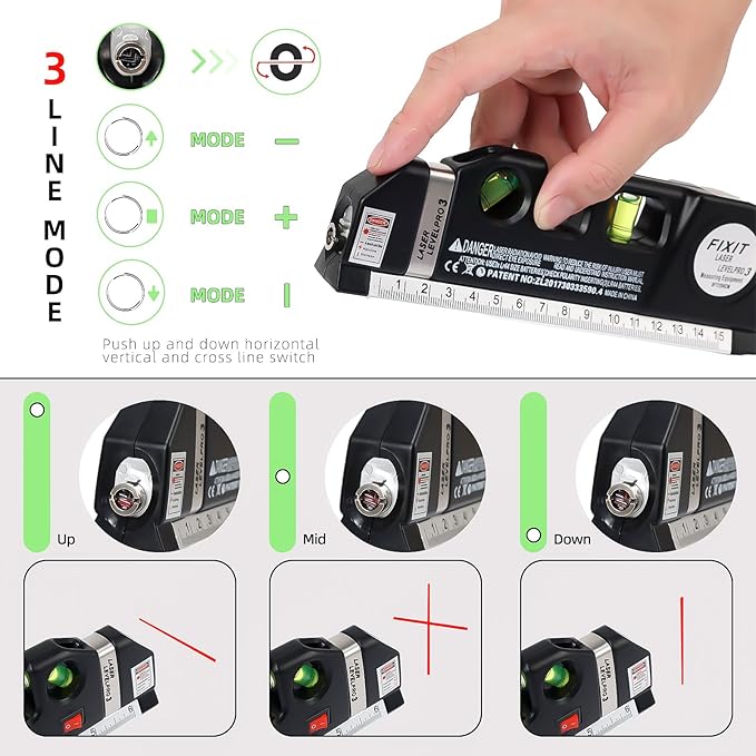 Laser Level Line Tool, Standard Cross Line Laser Leveler Beam Tool with Metric Rulers 8ft/2.5M, Multipurpose Laser Level Kit for Flooring & Tile Installation