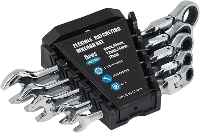 Garvee 5 Piece Metric Ratcheting Wrench Set Combination Ratcheting Wrench | 72-Tooth 5° Swing Arc CR-V Steel | Metric 8-17mm Coverage for Automotive Repair, Mechanical Maintenance DIY Project