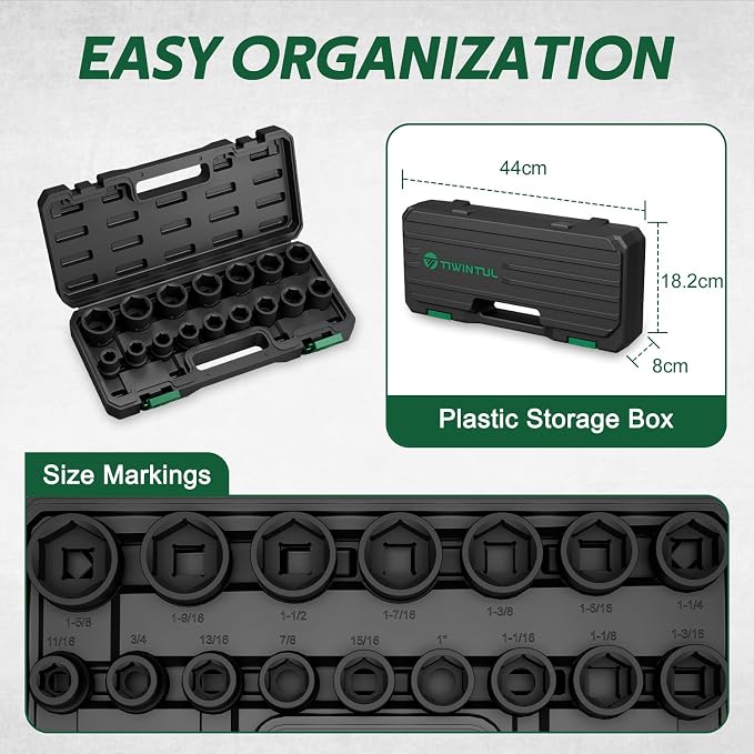 3/4 Inch Drive Impact Socket Set, 16 Piece, SAE, 11/16" to 1-5/8" | CR-MO, 6-Point, Heavy Duty, Storage Case, Easy-to-Read Size Markings, Rugged Construction for Large Vehicle, Truck, Trailer