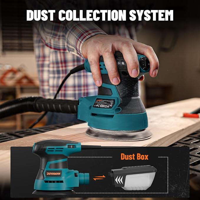DOVAMAN ROS01A Orbital Sander, 3A Random Orbit Sander, 6 Variable Speeds, Up to 13000 rpm, 12pcs Sandpapers, 5in Sanding Pad, Dust Collection, Electric Sanders Perfect for Woodworking