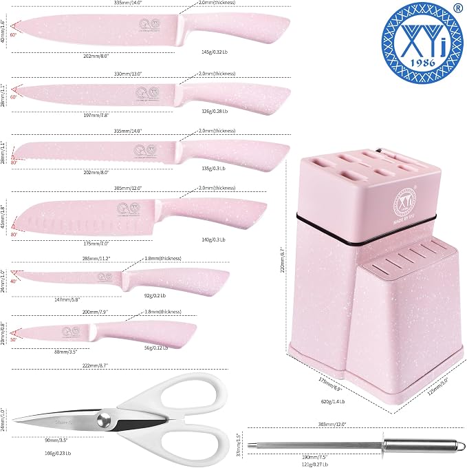 XYJ Knife Block Set, Pink Color, Stainless Steel Kitchen Knives With Knife Block Holder, Meat Cleaver, Professional Cooking Slicing Knife Kit for Master Chef, Kitchen Cutlery