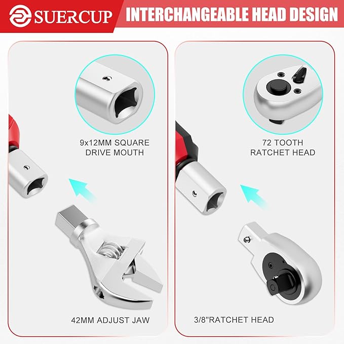 SUERCUP Adjustable Digital Torque Wrench 0.66-44.29Ft.Lb/0.9-60N.m,9x12 mm Open End Hvac Torque Wrench with 3/8 Drive Ratchet Head&42mm Jaw, Vibration, Buzzer,LED Notification for Split AC, Bike, Moto