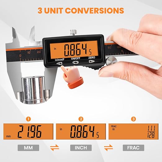 HARDELL Digital Caliper, 6" Rechargeable Caliper Measuring Tool with Large Orange Screen (Non-Backlit), Stainless Steel Digital Micrometer with Auto-Off, Inch/MM/Fraction for DIY/Household/3D-Printing