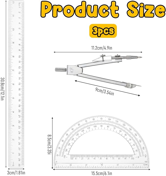 Compass and Protractor Set, 3 PCS Plastic Ruler 12 Inch Clear Ruler for Drawing Transparent Drawing Measuring Rulers Compass Geometry Tool for Math Drafting Art Home Office Drawings