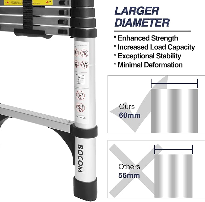 BOCOM 8.5 FT Aluminum Telescoping Ladder, Lightweight Multi-Purpose Collapsible Extension with 2 Triangle Stabilizers, Heavy Duty 330 lbs Max Capacity, Ideal for Home, RV, and Outdoor Work Silver