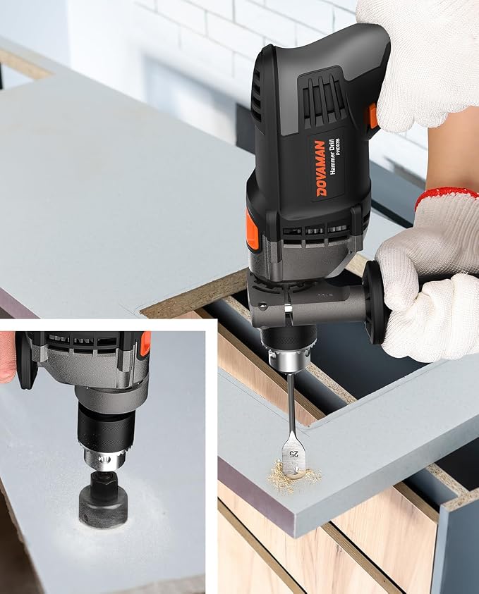 DOVAMAN 7.5A Corded Hammer Drill, 1/2'' Impact Drill with Variable Speed 0–3000RPM, Metal Chuck, 2 Modes for Concrete, Wood, Metal – Includes Bits & Carrying Case-PHD03B