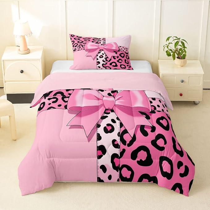 Feelyou Pink Leopard Print Comforter Set All Season Cheetah Bow Bedding Set with 1 Pillow Cases Animal Fur Microfiber Kids Twin Bedclothes Bedroom Decor Duvet Quilt Breathable Soft Lightweight