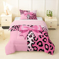 Feelyou Pink Leopard Print Comforter Set All Season Cheetah Bow Bedding Set with 1 Pillow Cases Animal Fur Microfiber Kids Toddler Bedclothes Bedroom Decor Duvet Quilt Breathable Soft Lightweight