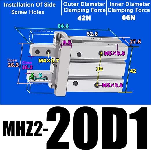 1PCS MHZ2 Pneumatic Finger Cylinder Parallel Gripper MHZ2-10/16/25/32/40D1/D2/D3 Side Thread Aluminium Clamps(MHZ2-20D1)