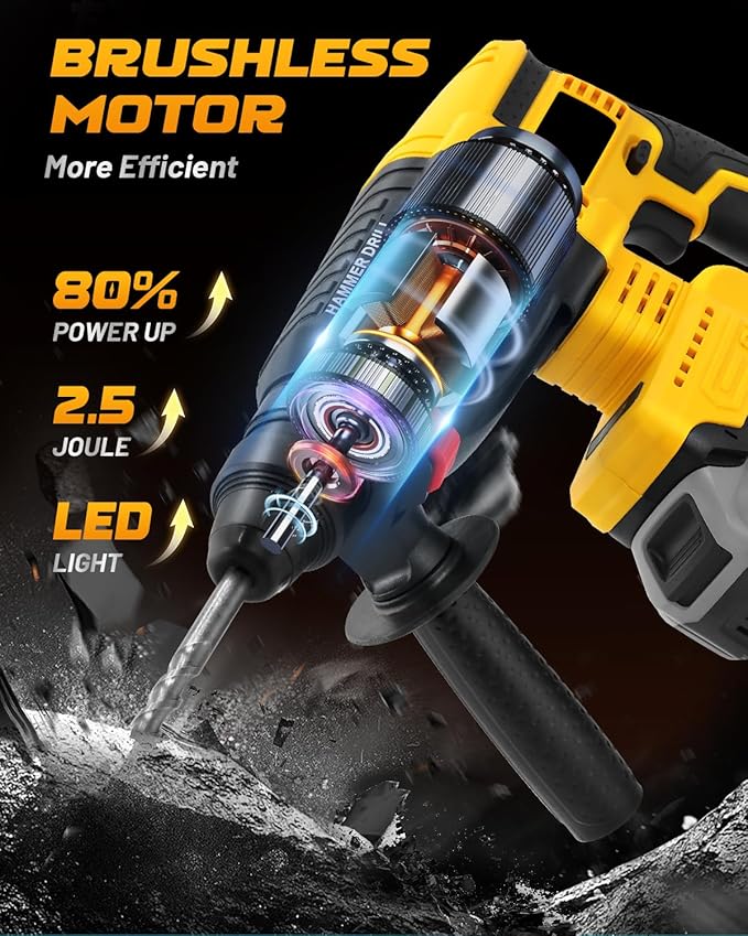 Cordless SDS Hammer Drill for Dewalt 20V MAX Battery, Brushless Rotary Hammer Drill with Safety Clutch for Concrete/Masonry (No Battery)