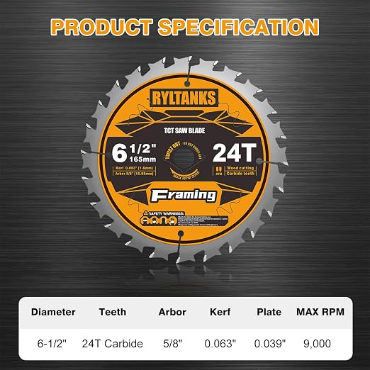 6-1/2 Inch Circular Saw Blade, 24T for Framing with 5/8" Arbor, Fast Wood Cutting, 10-Pack