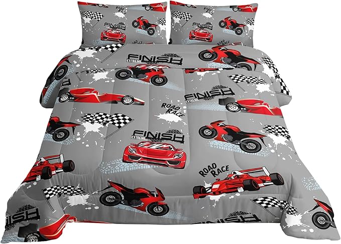 Axolotl Kid Comforter Set Queen Size,Racing Car Bedding Set for Boys Girls Teen Car Racing Gifts,Race Cars Quilt Bed Set with 1 Comforter 2 Pillowcases,Red Grey