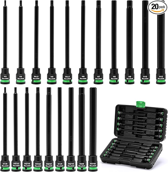TecoTek 3/8" Drive Long Impact Hex Bit Socket Set, Allen Bit Sockets, 20PCS Allen Wrench Socket, SAE (1/8"-7/16”) and Metric (3MM-12MM), 6" Long CR-V & S2 Alloy Steel Hex Key Set