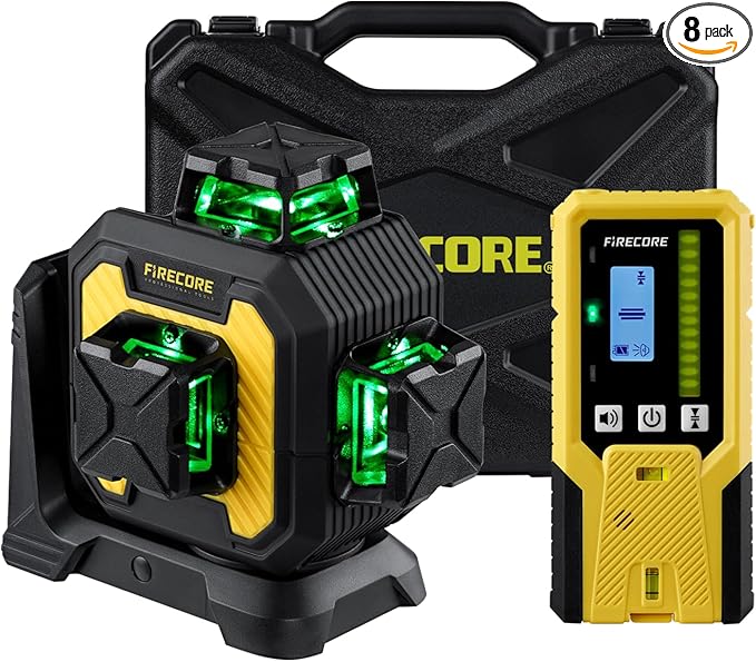 Firecore Laser Level with Receiver Kit, 1/13" High Accuracy, Laser Level 360 Self Leveling with Pulse Mode for Outdoor Up To 197ft, Rechargeable Green Line Laser for Home Renovation Construction-F93